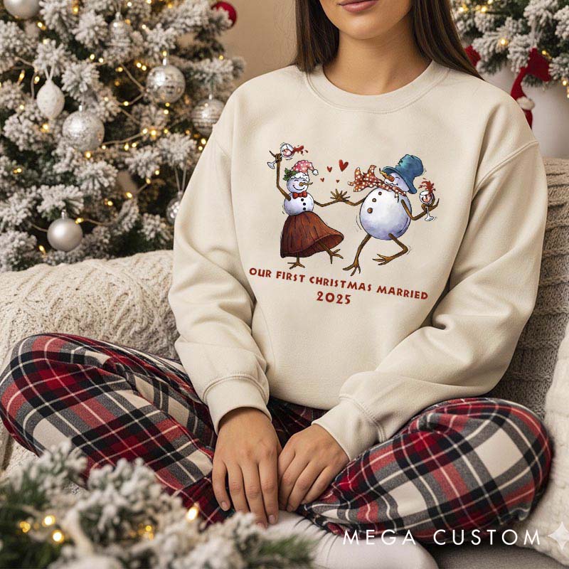Personalized Our first Christmas Married Crewneck for Newlywed Couple Snowman Design Christmas Sweatshirt Couple Holiday Outfit