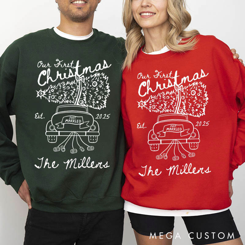 Personalized Our First Christmas Sweatshirt Crewneck for Newlywed Couple Car Design Holiday Couple Matching Outfit Gift