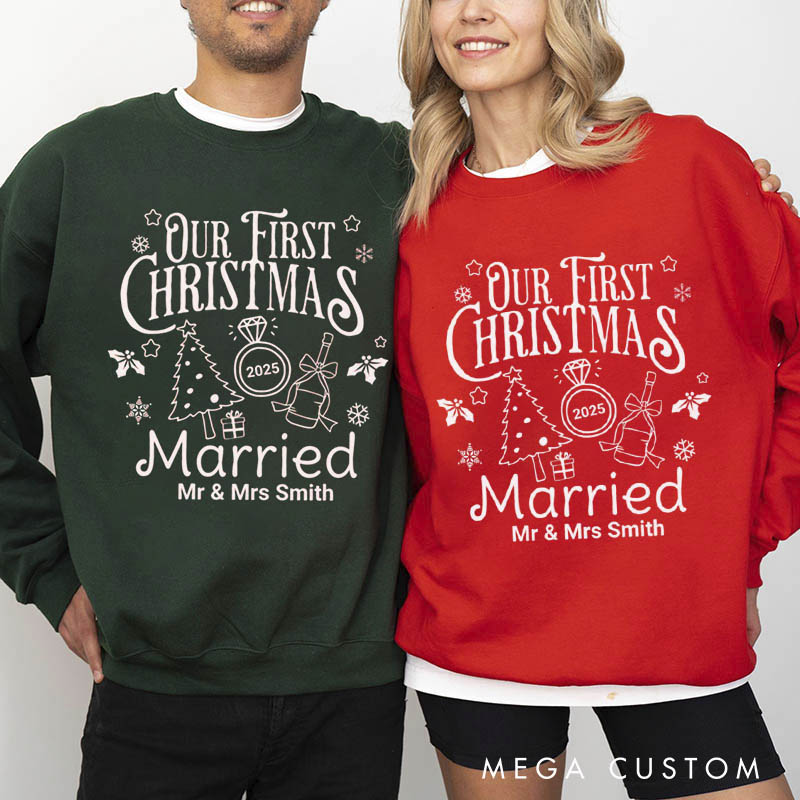 Personalized Our First Christmas Married Sweatshirt for Newlywed Couple Holiday Couple Matching Outfit Newlywed Christmas Gift