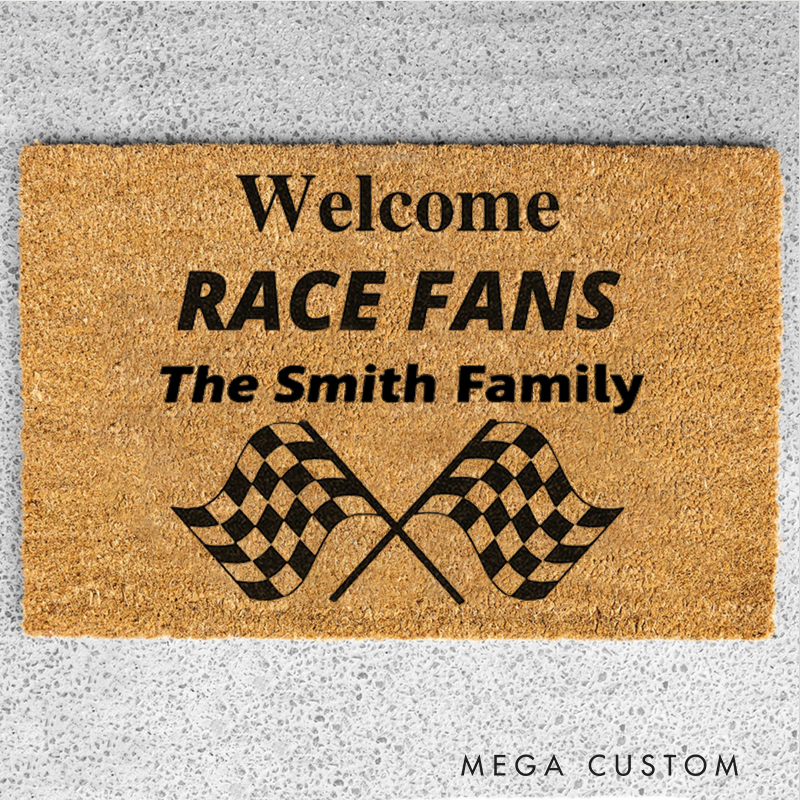 Personalized Check Flag Welcome Doormat Custom Name Racing Doormat for Racers and Racing Lovers