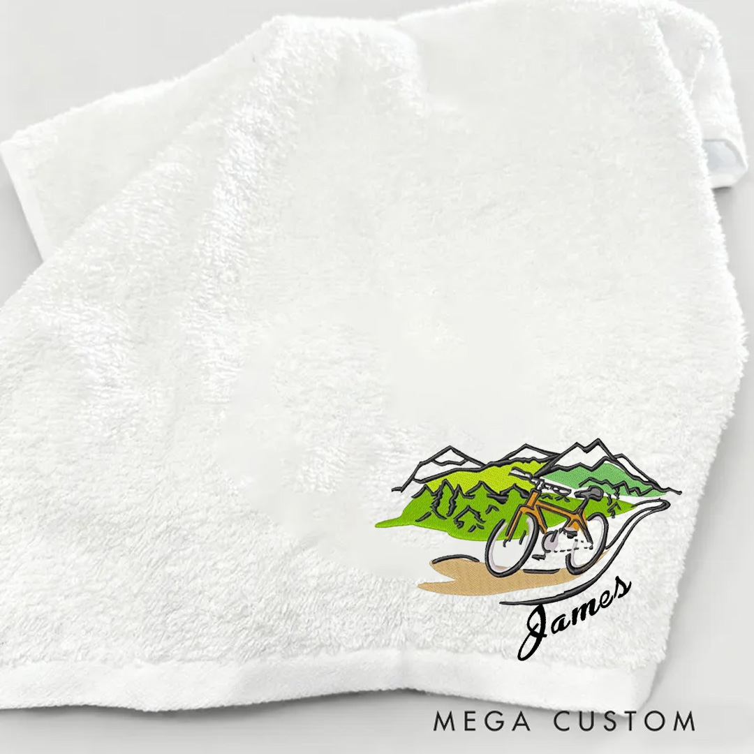 Personalized Embroidered Bicycle Towel Name with Mountain Bike Machine Embroidery for Triathletes Cyclist