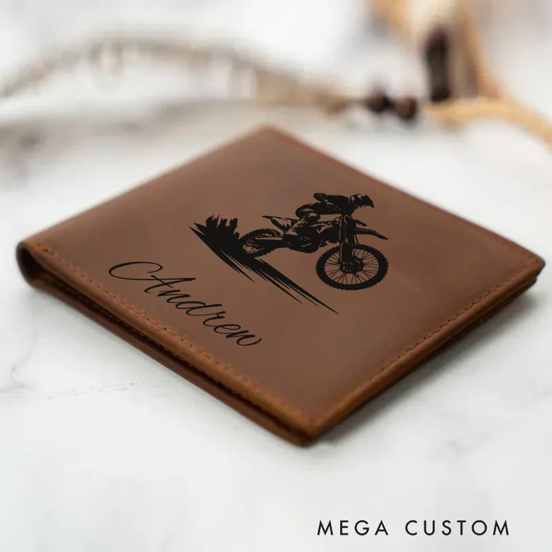 Personalized Cycling Bike Lover Riding Dirt Biker with Custom Name Leather Wallet