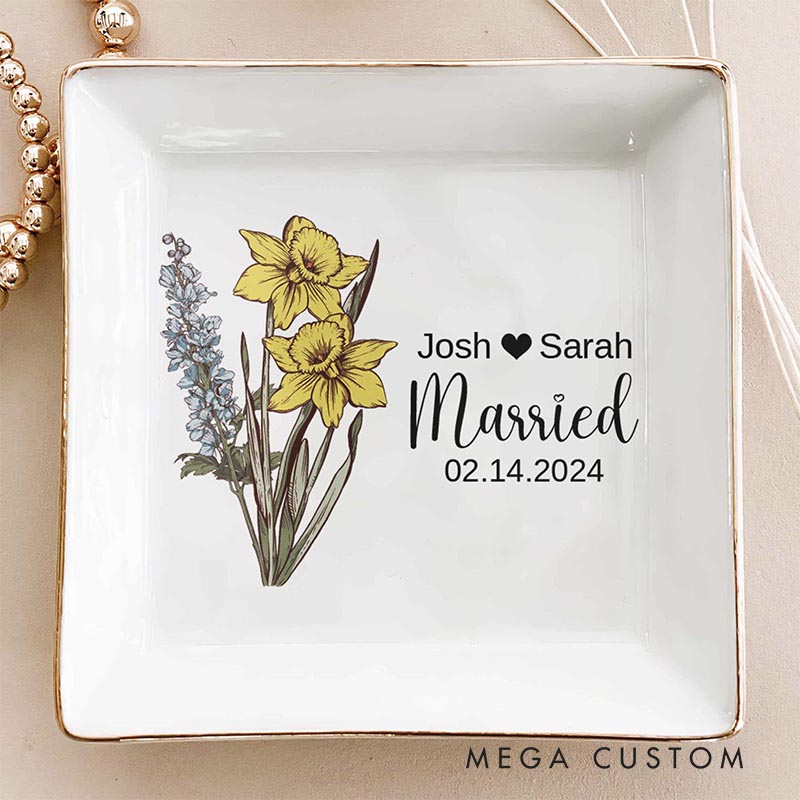 Personalized Wedding Married Date Custom Name Birth Flower Square Ring Dish Engagement Floral Ring Dish Keepsake Gift