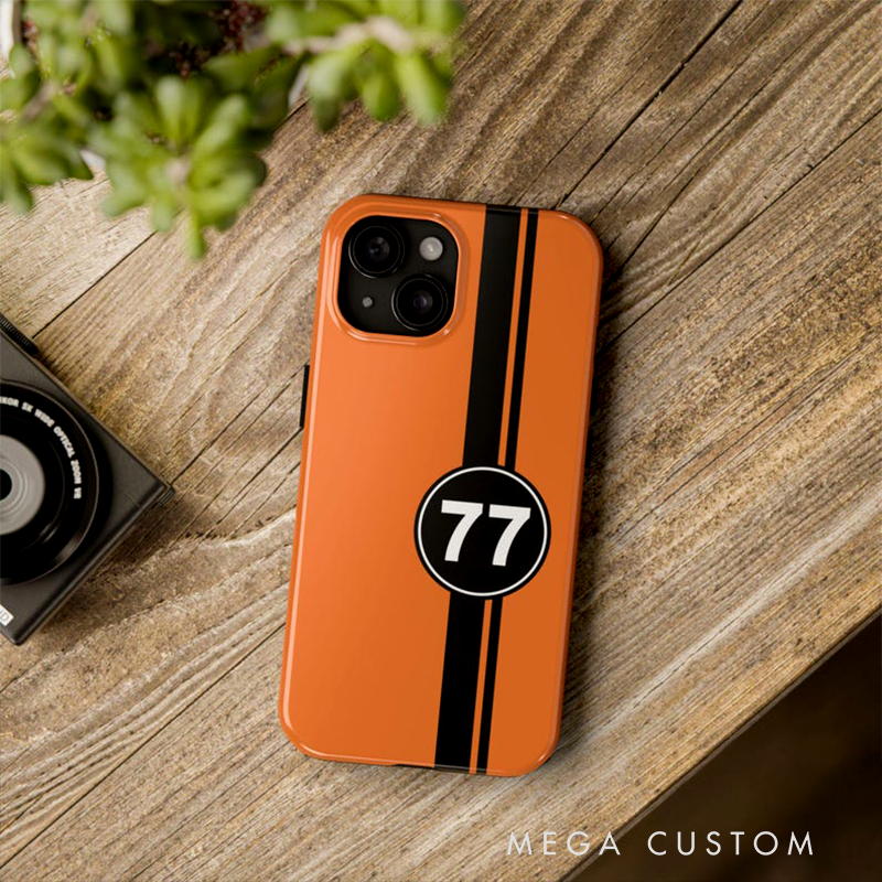 Personalized Racing Number Phone Case Custom Orange Stripe Design for Racers and Racing Lovers