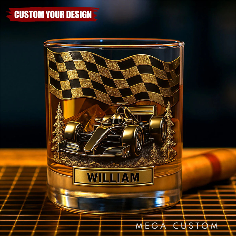 Personalized Racing Car Whiskey Glass Custom Name Design Rock Tumbler Gift for Racers and Racing Lovers