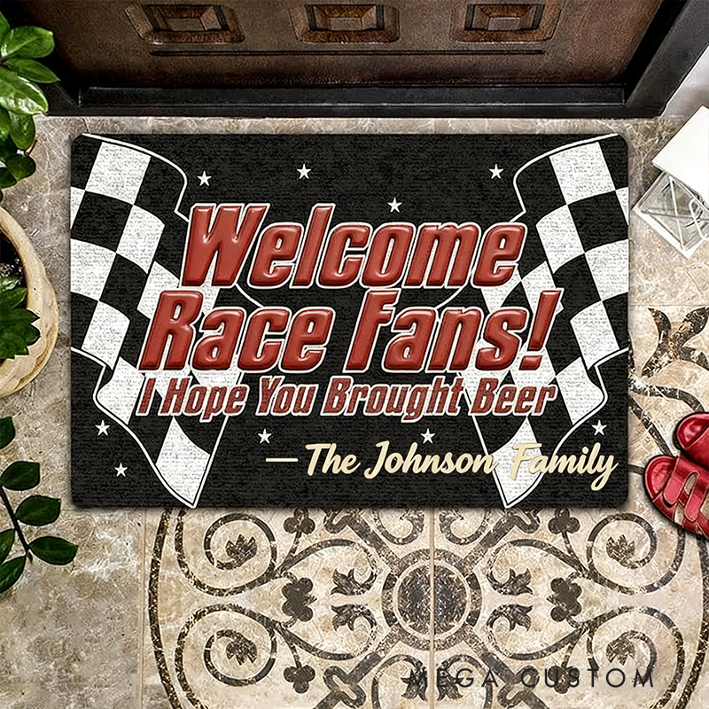Personalized Welcome Race Fans Doormat Custom Family Name Racing Checkered Flag Design for Racers and Racing Lovers