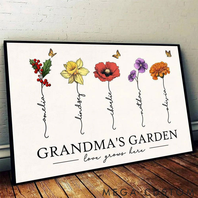 Personalized Grandma's Garden Love Grows Here Beautiful Birth Month Flower Gift For Grandma Mom Personalized Poster 