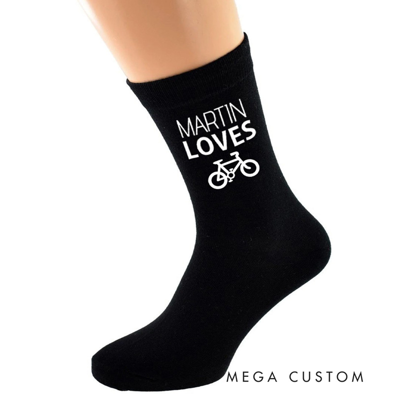 Personalized Cycling Socks Loves Bicycle Bike Image Printed in White Viny Black Cotton Rich Socks Great