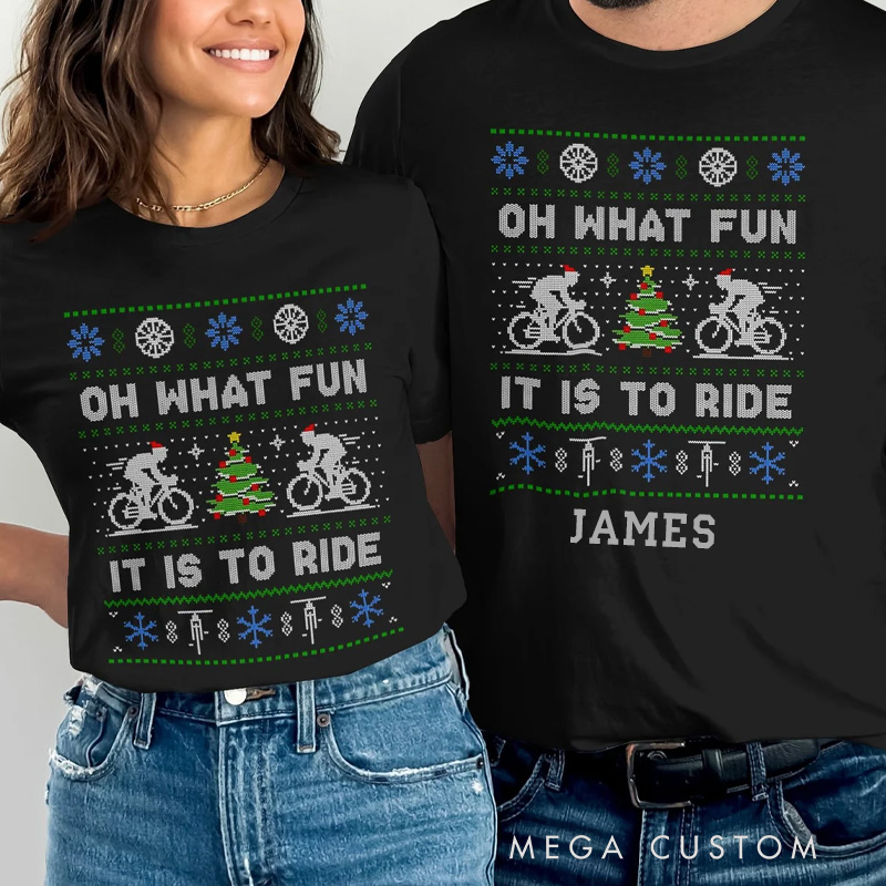 Personalized Classic Tshirt Funny Christmas Cycling Shirt Oh What Fun It Is To Ride Bicycle Ugly Christmas Sweater Style Tee