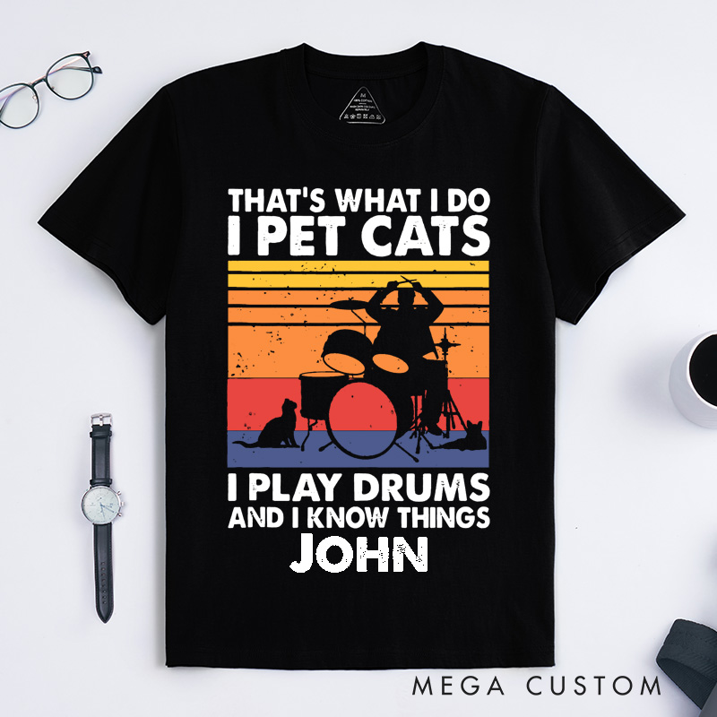 Personalized Cat Lover Drummer Classic T-Shirts Custom Name Pet Cats Play Drums Gift for Men Women Musician Band Tee for Cat Owners Music Lovers