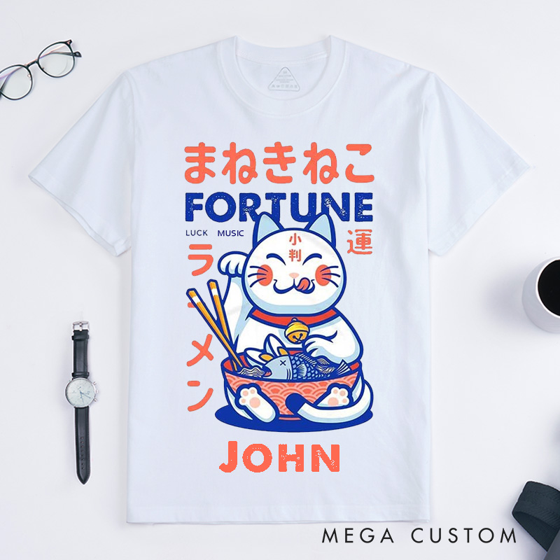 Personalized Fortune Cat Ramen Classic T-Shirts Lucky Music Maneki Neko Japanese Style Custom Name Gift for Men Women Unisex Unique Good Luck Present