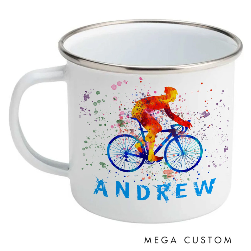 Personalized Cyclists Enamel Mug Ink Splatter Cycling Enamel Coffee Mug Road Bicycle Design