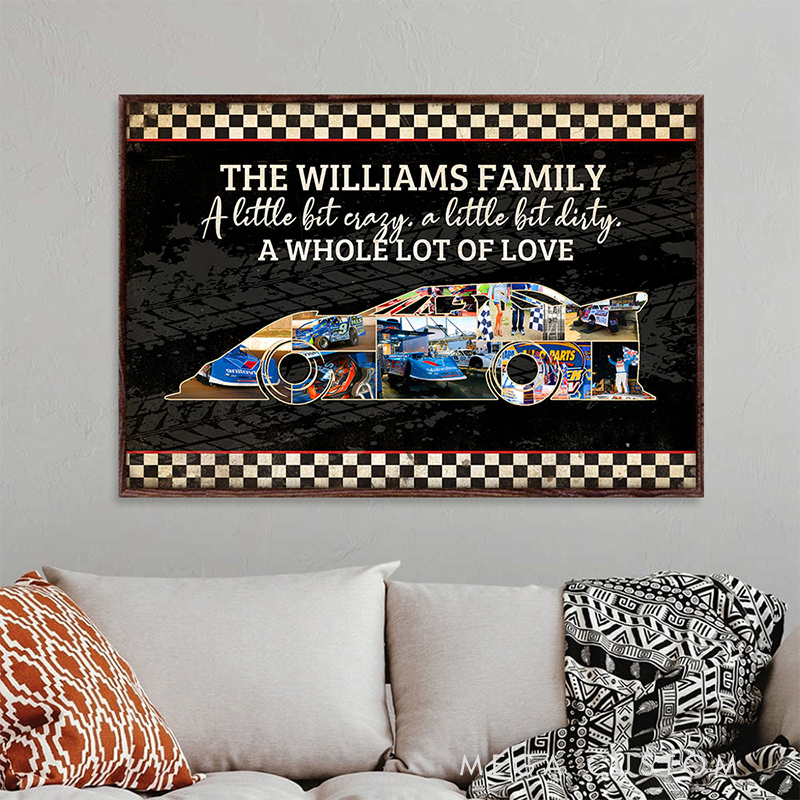 Personalized Racing Family Poster Custom Name and Photos Race Car Shape Wall Art Gift for Dirt Track and Racing Lovers