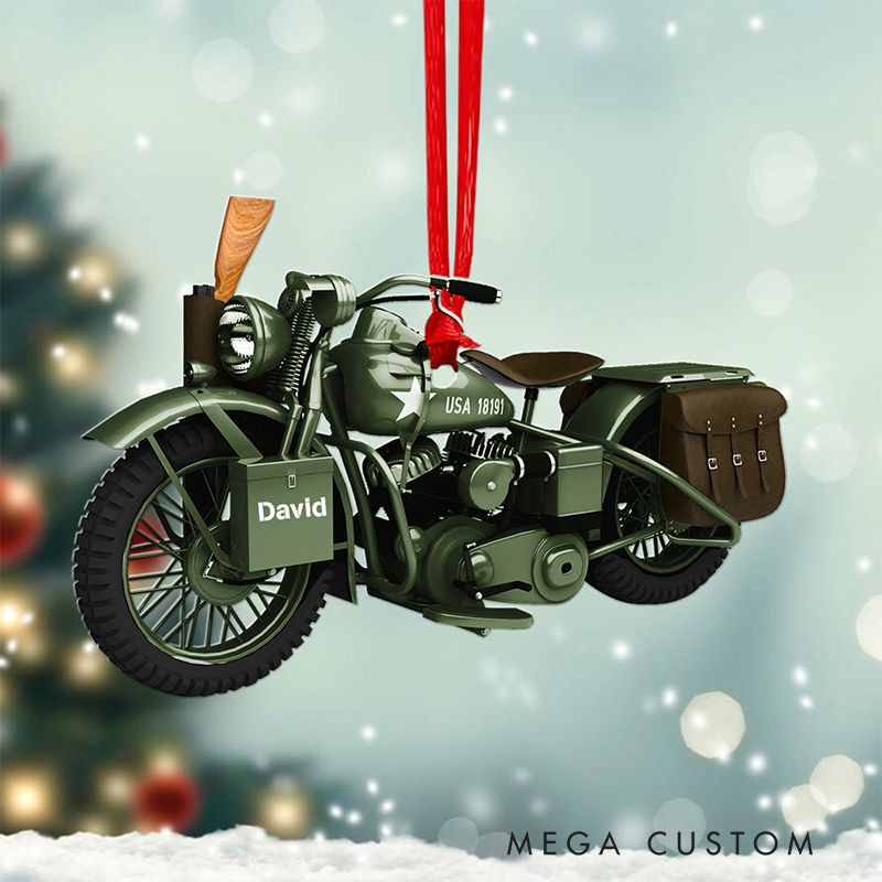 Personalized Military Motorcycle Christmas Ornament Custom Name Vintage Army Bike Decoration Gift for Motorcycle and Motorsport Lovers