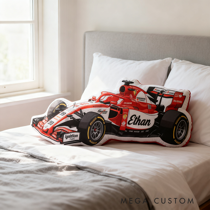 Personalized Race Car Shaped Throw Pillow Custom Name and Color Decorative Cushion Gift for Car Lovers and Racers