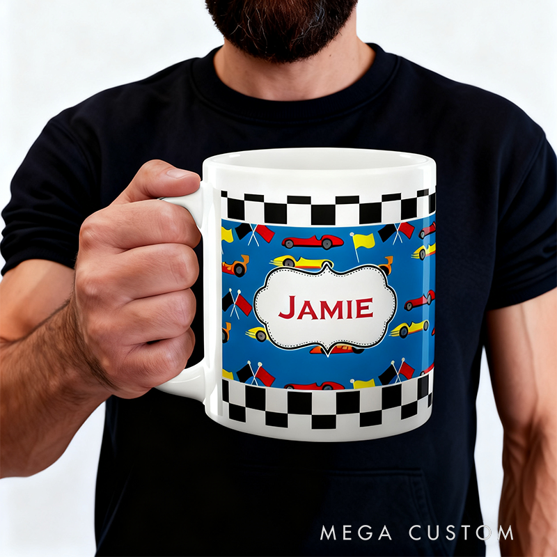 Personalized Ceramic Mug with Racing Car and Check Flag Design Gift for Racer and Racing Lovers