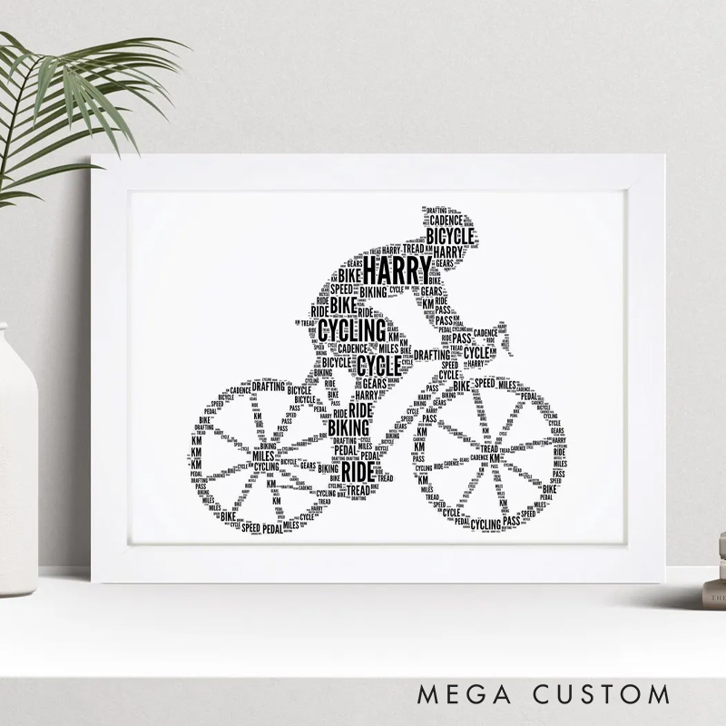 Personalized Biker Portrait Cyclist Word Art Print Bike Riding Bicycle Gifts Custom Wall Art Framed Picture Present for Cycling Lovers