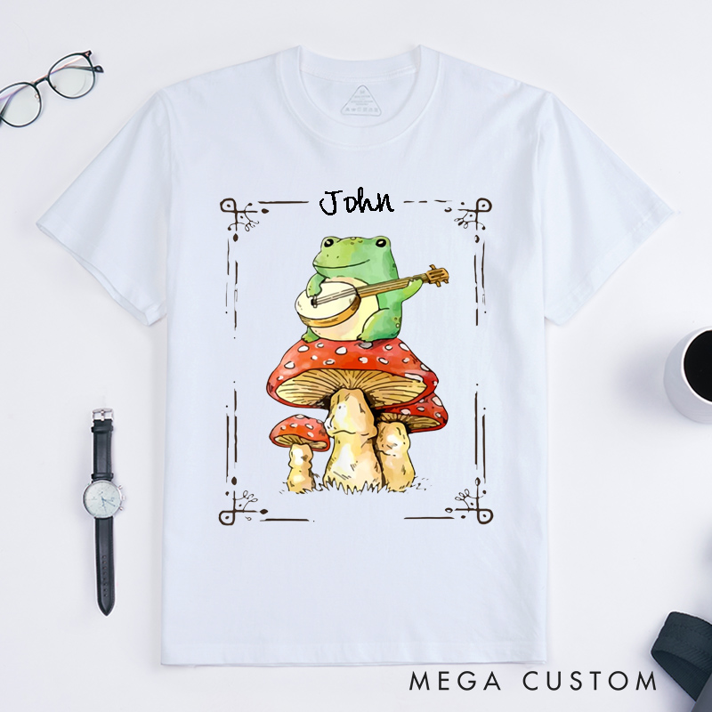 Personalized Frog Playing Banjo Classic T-Shirts Cute Mushroom Art Gift for Music Lovers Nature Fans Unisex Custom Tee Whimsical Forest Illustration