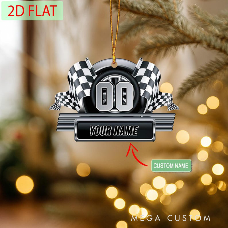 Personalized Racing Ornament Custom Name and Number Check Flag Christmas Decoration Gift for Car Lovers and Racers