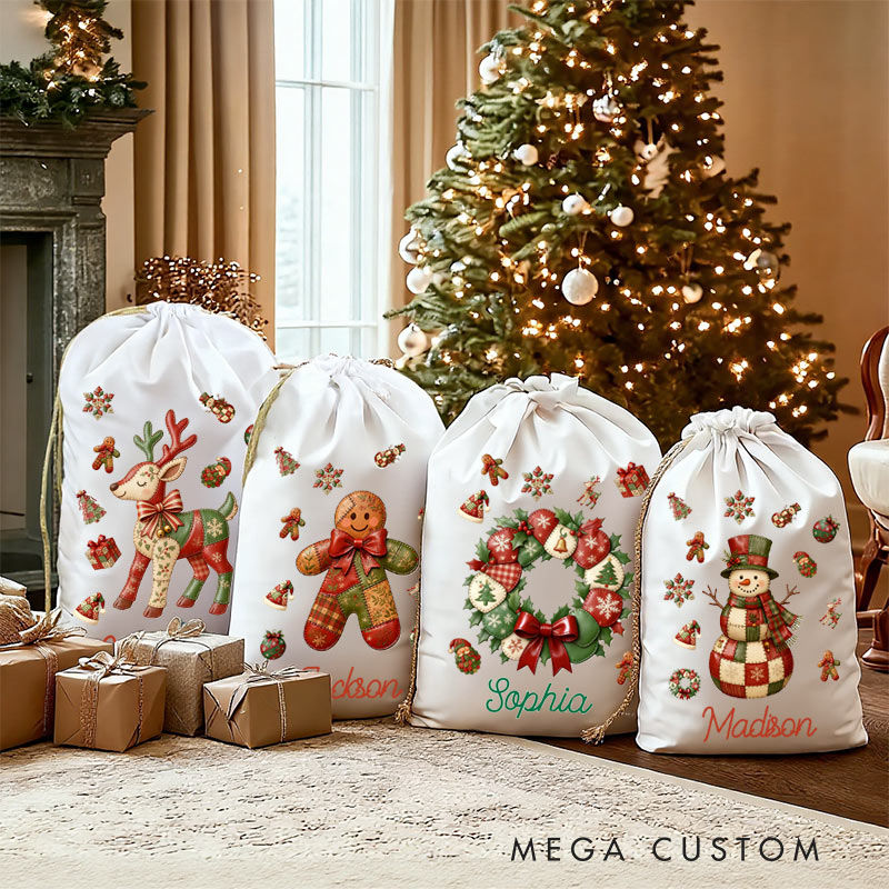 Personalized Christmas Tree Santa Claus Canvas Drawstring Gift Bag with Name Christmas Gift for Family Kids