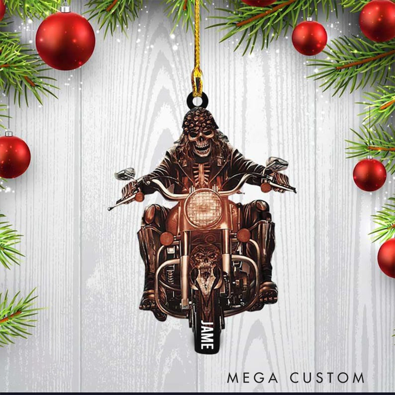Personalized Skull Motorcycle Ornament Custom Name Biker Christmas Decoration Gift for Riders and Motorsports Lovers