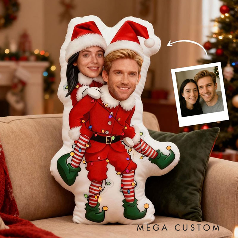 Personalized Couple Face Photo Pillow Custom Newlyweds Funny Elf Santa Claus Body Cushion First Christmas Pillow for Boyfriend Girlfriend Husband Wife