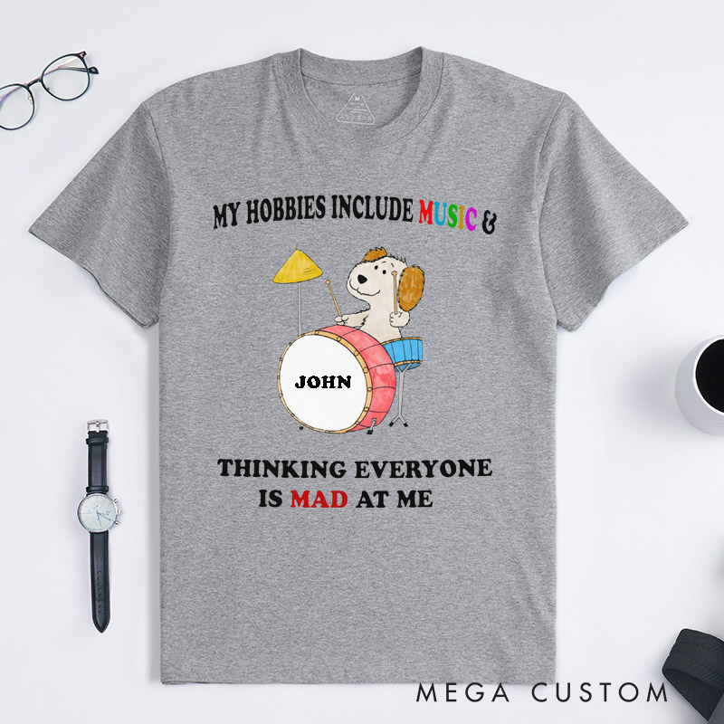 Personalized Dog Playing Drum Music Lover Classic T-Shirts Custom Name Anxiety Humor Gift for Musicians and Fans Funny Unisex Tee for Friends Family