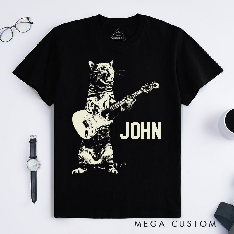Personalized Cat Electric Guitar Classic T-Shirts Custom Name Wild Musician Gifts for Men and Women Unique Rock Style Tee for Cat Lover Friends Family