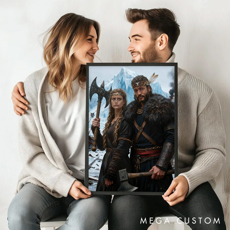Personalized Custom Viking Couple Portrait Wall Art to Nordic Style Artwork Unique Gift or Home Décor