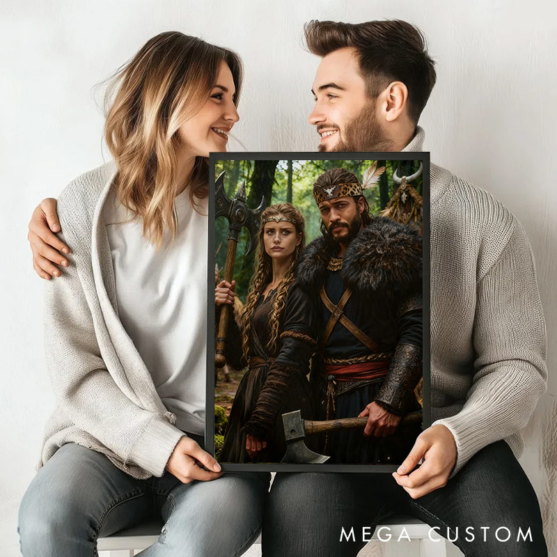 Personalized Custom Viking Couple Portrait Wall Art to Nordic Style Artwork Unique Gift or Home Décor