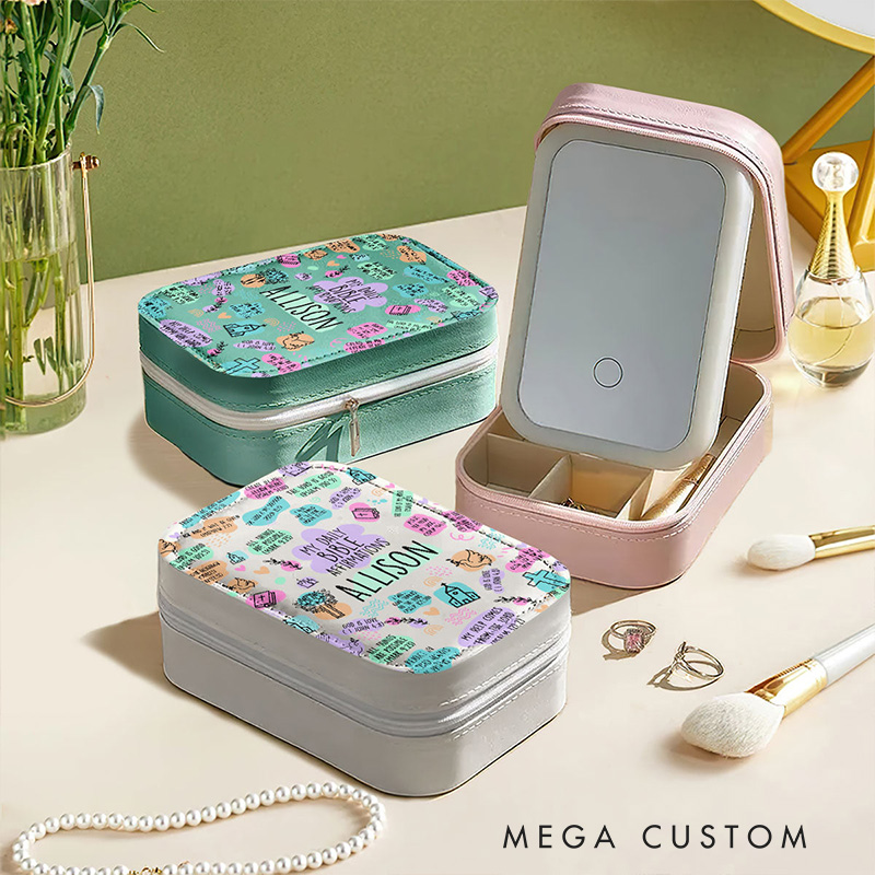 Personalized Daily Bible Affirmation Custom Name Leather Jewelry Box with LED Makeup Mirror Religious Gift for Women