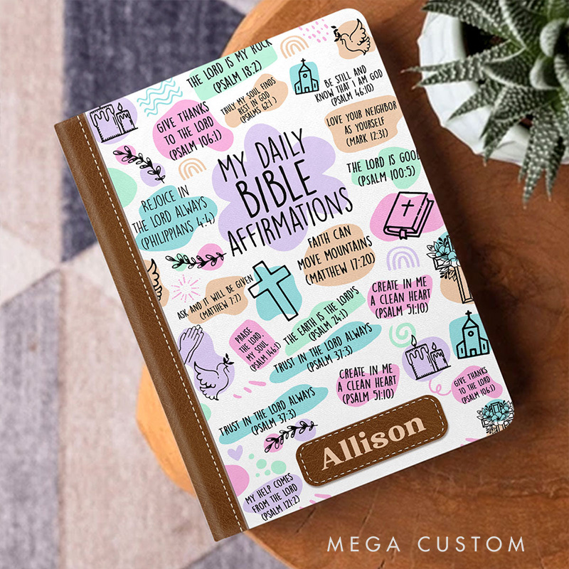 Personalized My Daily Bible Affirmations Leather Cover Notebook with Name Bible Study Notes Religious Gift for Christians