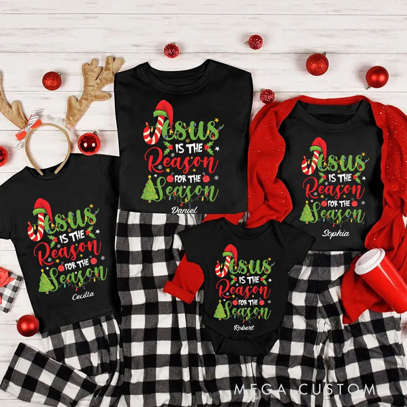 Personalized Jesus is the reson for the season Family Matching Cotton T-Shirts with Name Religious Gift Christmas Gift for Christians