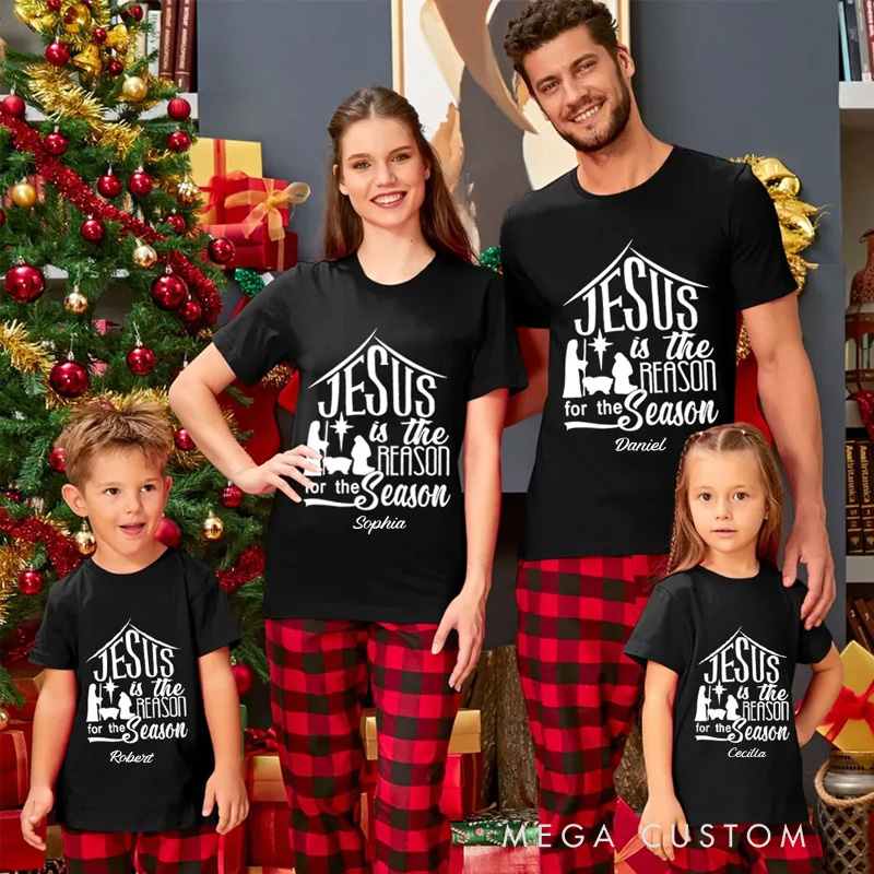 Personalized Nativity Scene Jesus is the reson for the season Family Matching Cotton T-Shirts with Name Religious Gift Christmas Gift for Christians