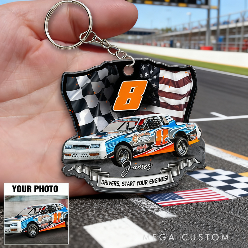 Personalized Dirt Track Racing Keychain Custom Car Photo Name and Number Start Your Engines Gift for Races and Car Lovers