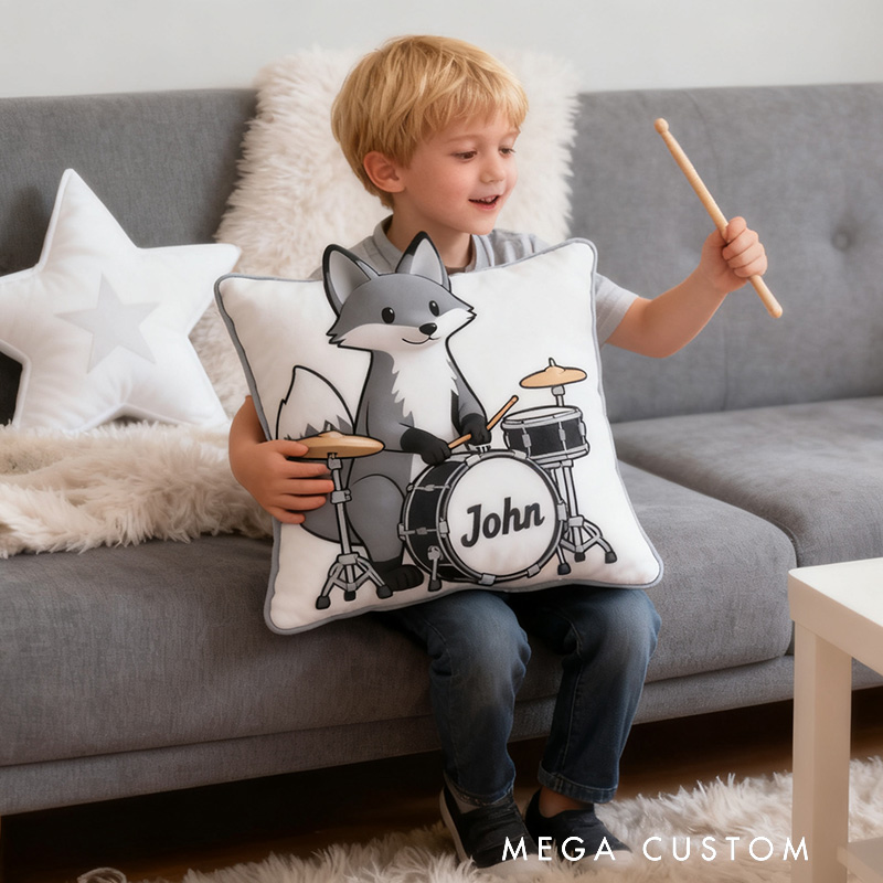 Personalized 3D Gray Fox & Mini Drum Set Pillow With Your Own Name Soft Stuffed Toy for Kids Unique Decorative Cushion for Boys' Room and Playroom