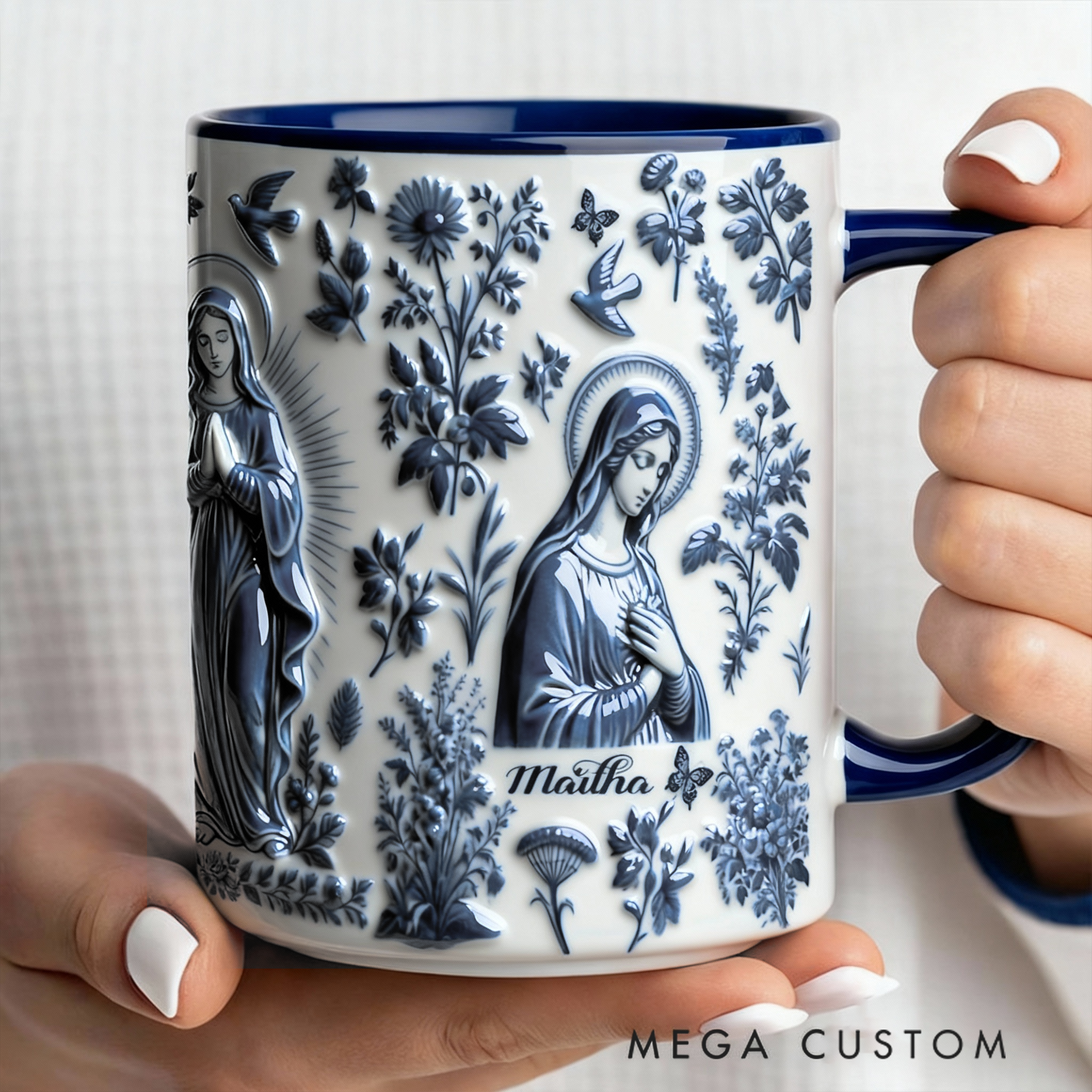 Personalized Catholic Virgin Mary Toile 11oz Ceramic Mug with Name 3D Effect Our Lady Coffee Cup Vintage Floral Marian Mug Christian Gift for Women