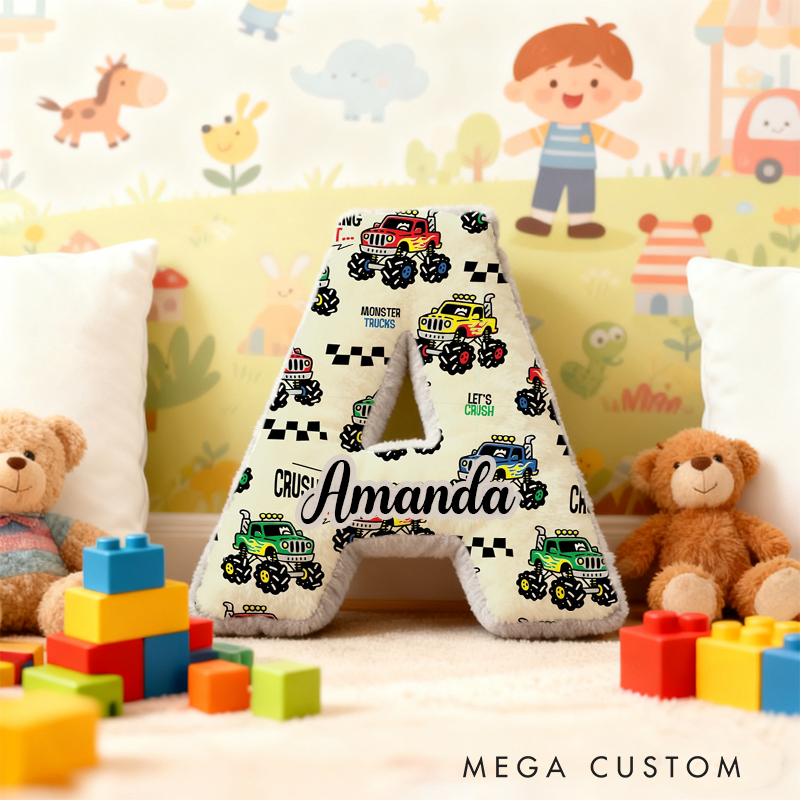 Personalized Monster Truck Vehicle Themed Alphabet Pillow with Custom Name Gift for Kids