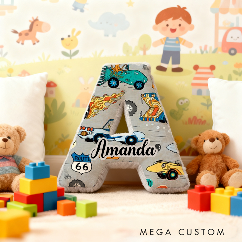 Personalized Retro Vehicle Themed Alphabet Pillow with Custom Name Gift for Kids Vehicle Fans
