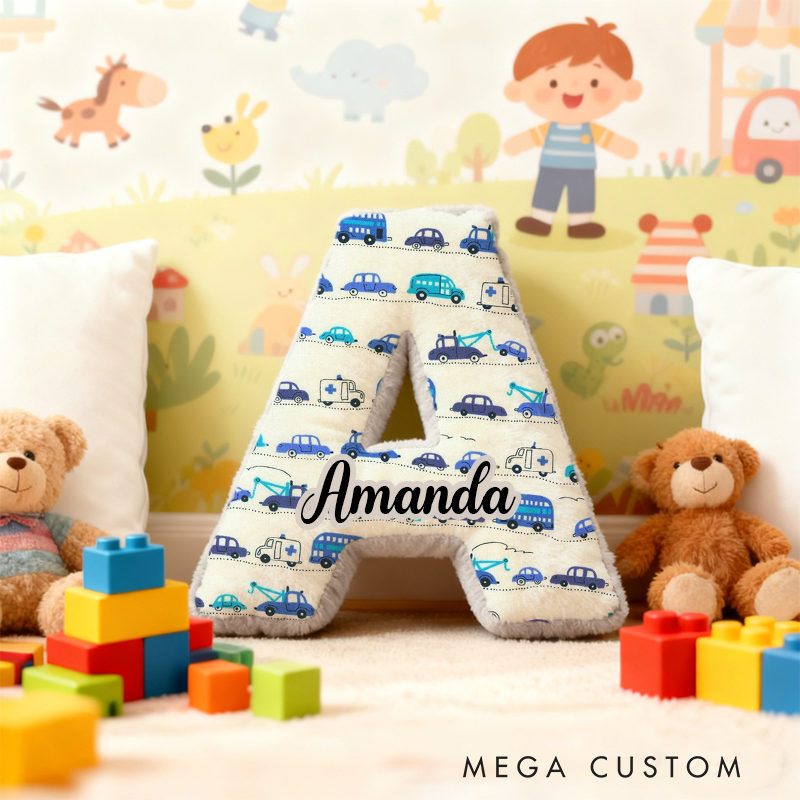 Personalized Blue Cartoon Vehicle Themed Alphabet Pillow with Custom Name Gift for Kids Vehicle Fans