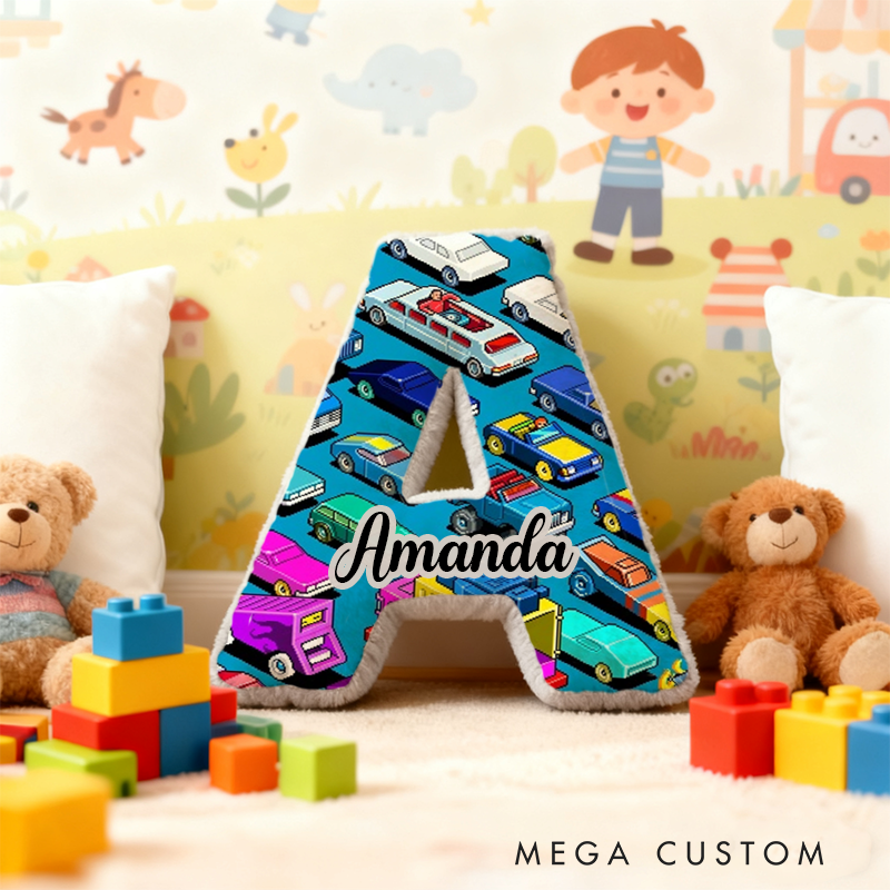 Personalized Colorful Vehicle Themed Alphabet Pillow with Custom Name Gift for Kids Vehicle Fans