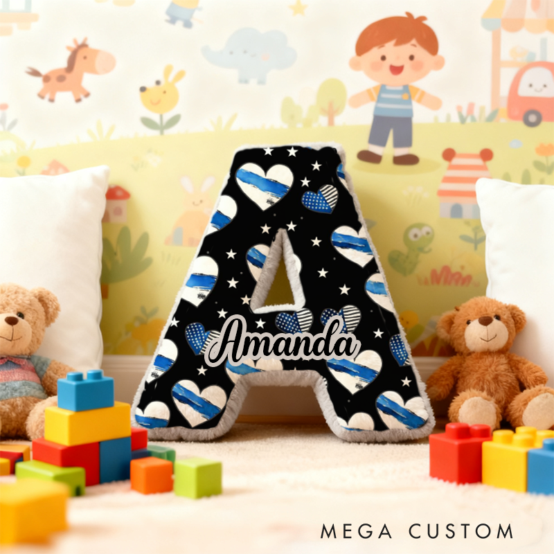 Personalized Letter Shaped Back the Blue Pillow with Heart and Star Design Custom Name Gift for Kids