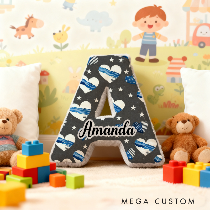 Personalized Letter Shaped Blue Line Pillow with Heart and Star Design Custom Name Gift for Kids