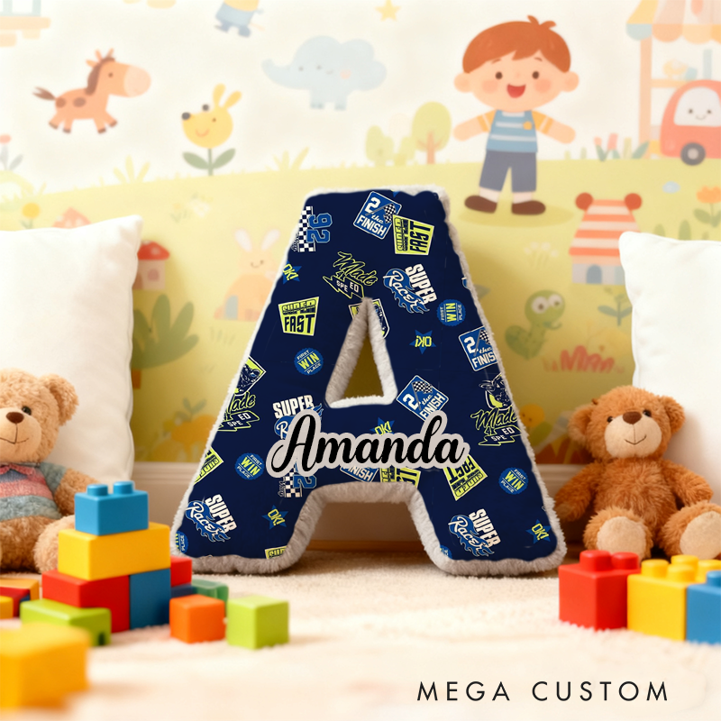 Personalized Letter Shaped Pillow with Racing Theme Design Custom Name Gift for Vehicle Fans