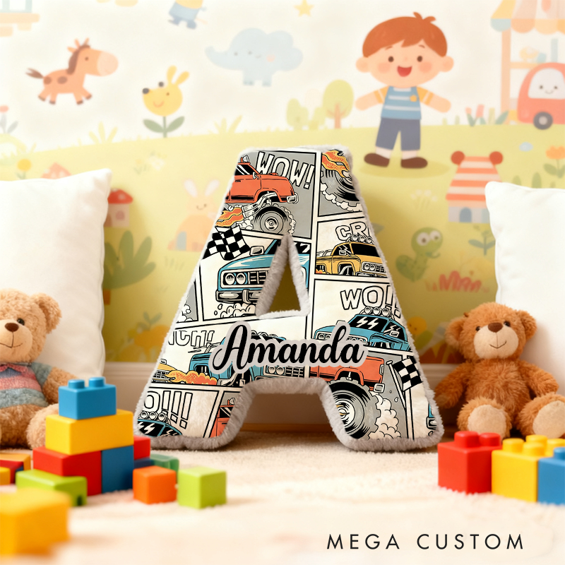 Personalized Monster Truck Letter Shaped Pillow Custom Name Design Car Enthusiasts and Motorsport Fans Gift