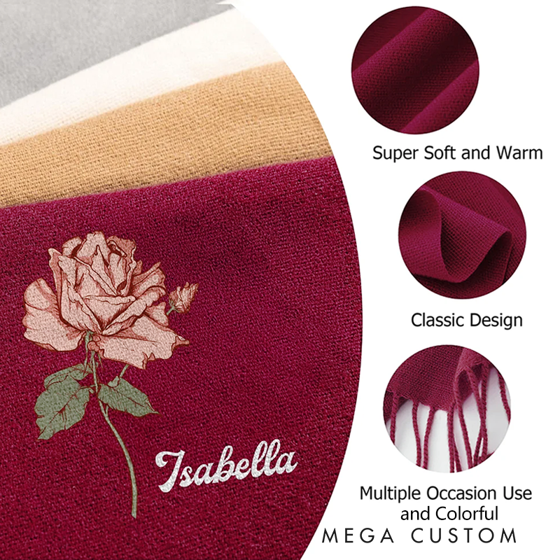 Personalized Birth Flower Soft Warm Tassel Scarf with Name Winter Accessory Anniversary Birthday Gifts