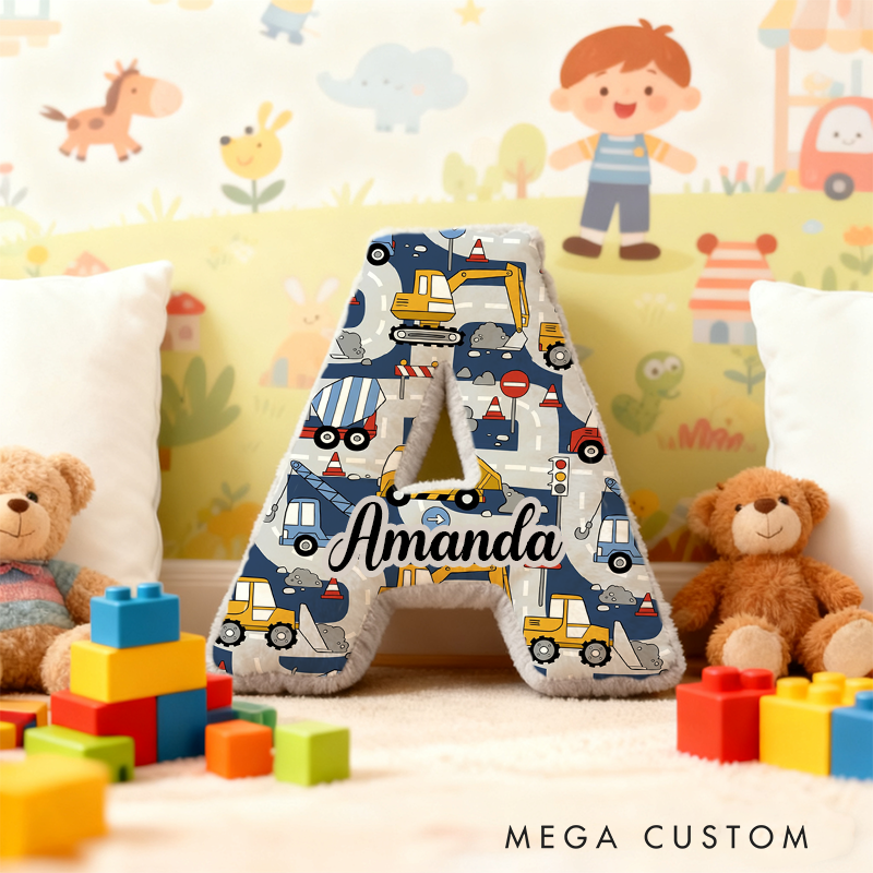 Personalized Construction Vehicle Alphabet Pillow with Custom Name Gift for Kids and Vehicle Fans