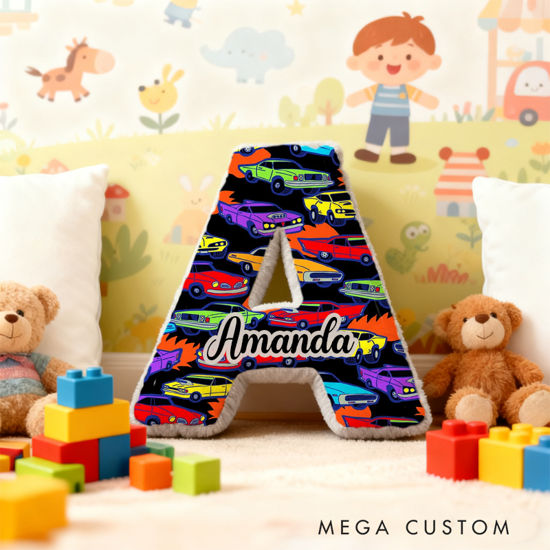 Personalized Racing Vehicle Themed Initial Pillow with Custom Name Gift for Kids and Vehicle Enthusiasts