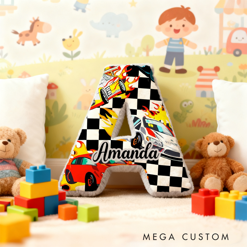 Personalized Racing Vehicle Themed Alphabet Pillow with Custom Name Gift for Kids and Vehicle Fans