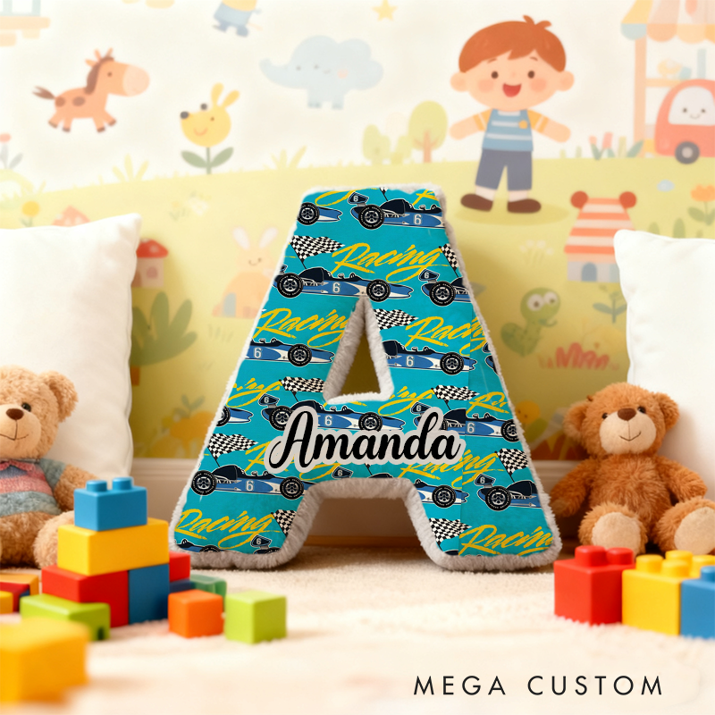 Personalized Racing Vehicle Themed Alphabet Pillow with Custom Name Gift for Kids and Vehicle Enthusiasts